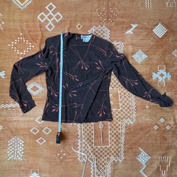 Vintage Carlisle 100% Silk Blouse – Abstract Floral Print | Brown & Rose | sz 6 - Picture 2 of 6